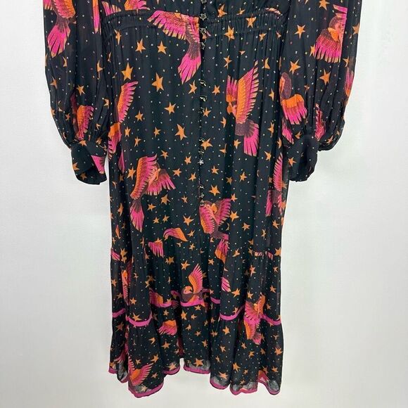 Farm Rio Women’s Black Pink Macaw Bird Orange Stars 3D Star Buttons Midi Dress - Picture 8 of 13